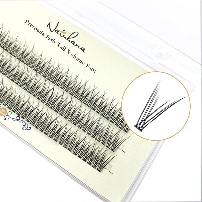 NATUHANA Fish Tail shape Eyelash Extension 3D/12D Effect Premade Russian Volume Fans Individual Faux Mink Eyelashes for Make Up