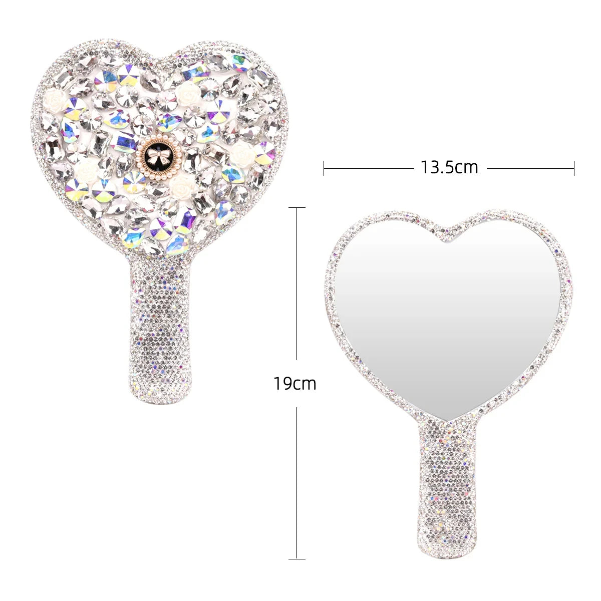 Luxury Diamond Hand Mirror Love Heart Mirror Female Handle Makeup Cosmetic Beauty Tools Handheld Vanity Make Up Mirror For Girls