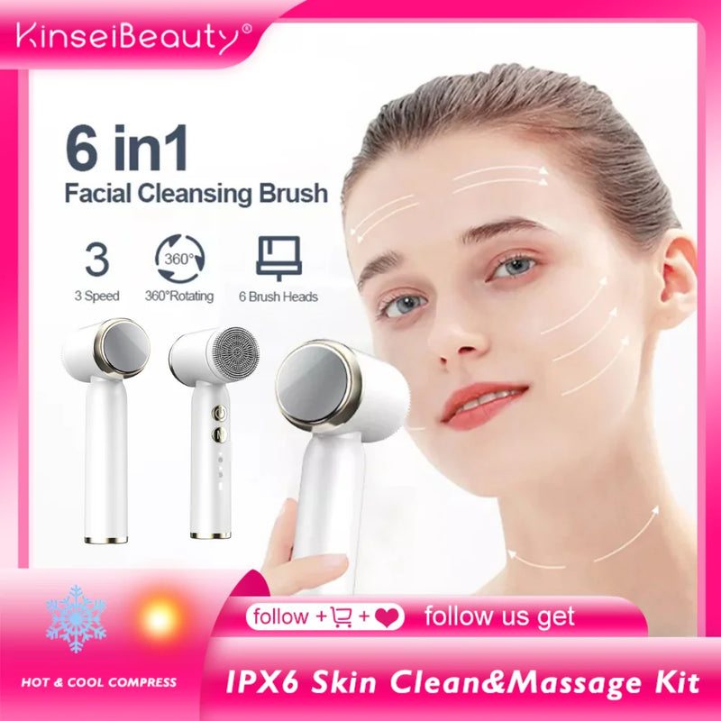 6 In 1 Electric Facial Clean Brush Hot & Cold Compress 6 Replaceable Brush Heads IPX6 Blackheads Remove Skin Care Face Massager