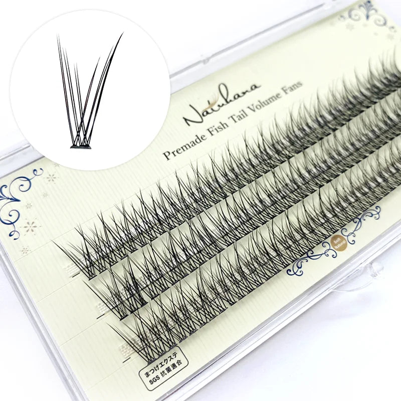 NATUHANA Fish Tail shape Eyelash Extension 3D/12D Effect Premade Russian Volume Fans Individual Faux Mink Eyelashes for Make Up